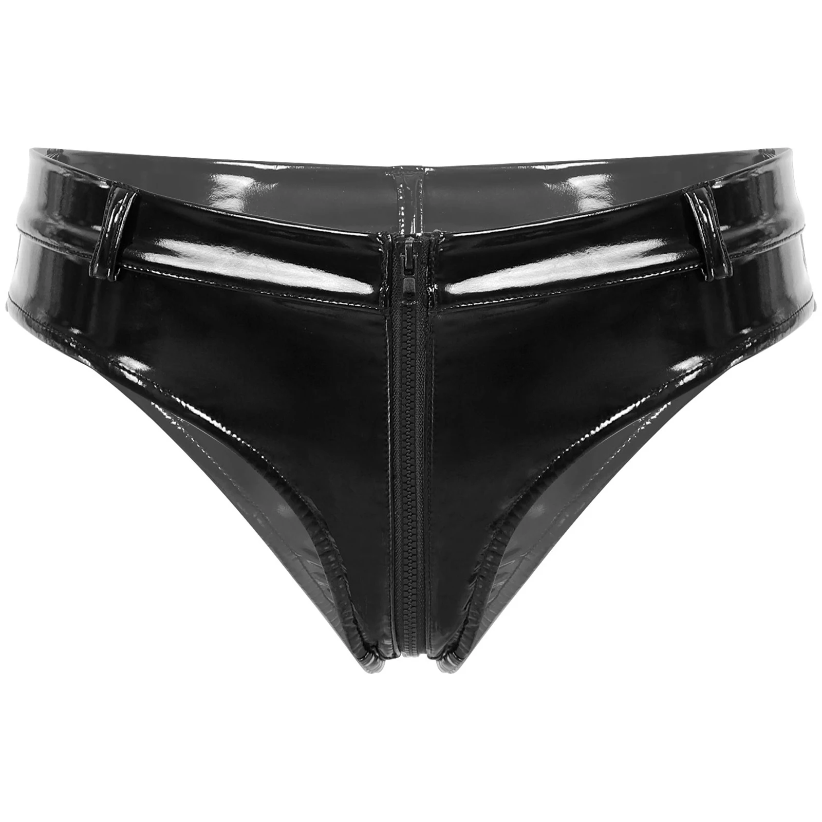 Womens Lingerie Zipper Crotch Latex Booty Shorts Wet Look Patent Leather Briefs Panties Femme Low Waist Hot Pants Clubwear