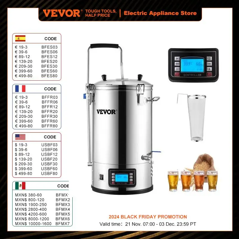 VEVOR 35L 110/220V 304 Stainless Steel All-in-One Home Beer Brewer Electric Brewing System with Pump Brewing Beer Equipment Kit