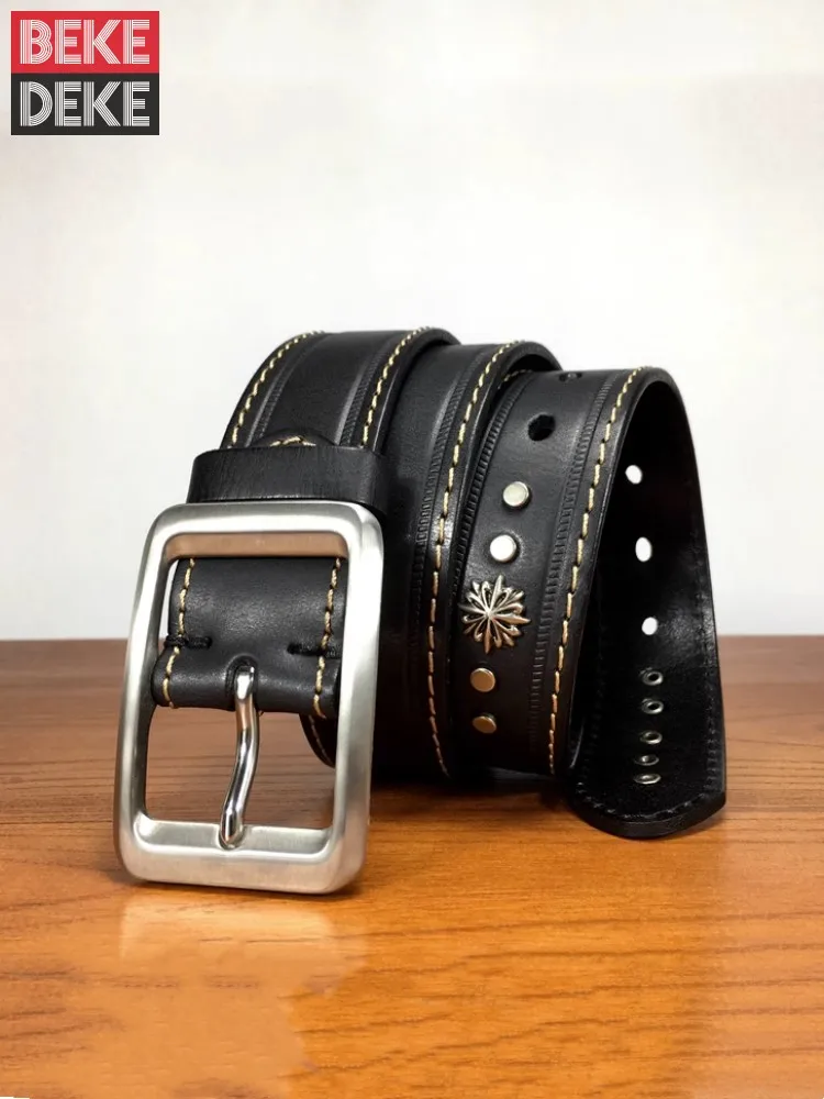 

Vintage Cowskin Genuine Leather Mens Belt Leisure Rivet Stainless Steel Buckle Waistband For Jeans Belts