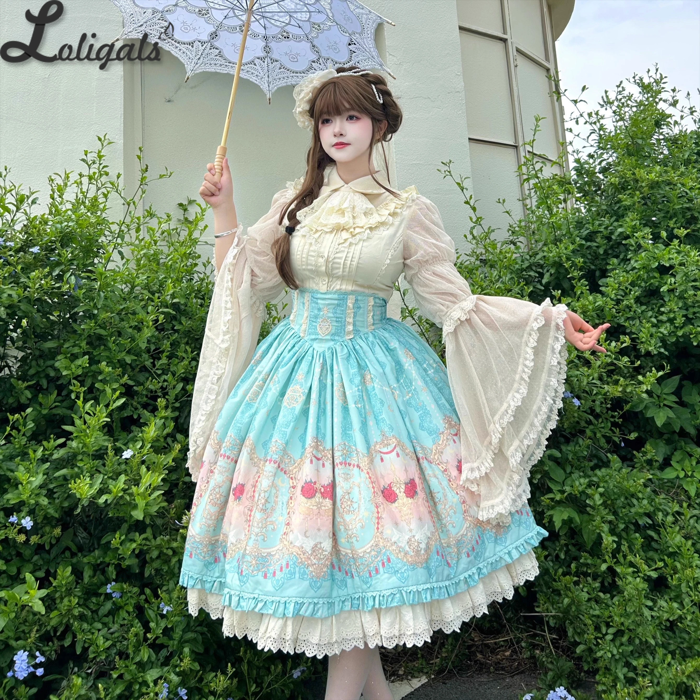 

Sweet Long Flare Sleeve Lolita Shirt / Printed Empire Waist Midi Skirt