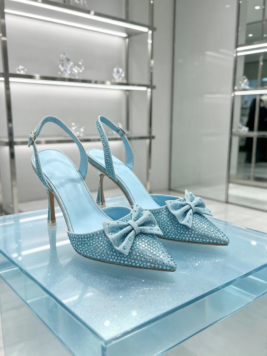 Light Blue Full Rhinestone Slingback Pumps Bow Decor Pointed Toe Thin Crystal Heel Sandals Elegant Wedding Formal Shoes Women
