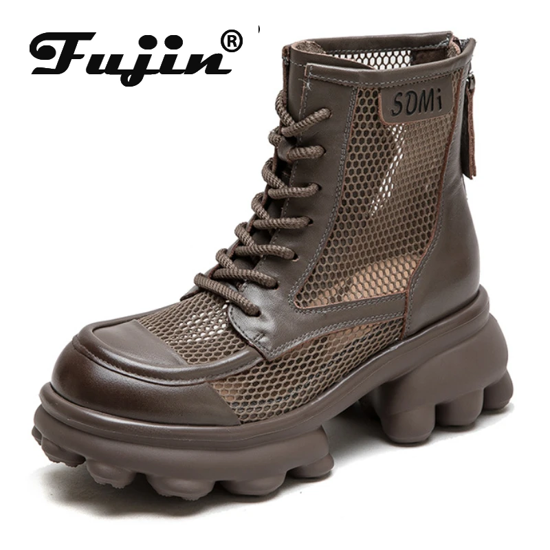 

Fujin 6cm Summer Motorcycle Sandals Hollow Ankle Booties Shoes Air Mesh Genuine Leather Boots Chimney Women Moccasins Fashion