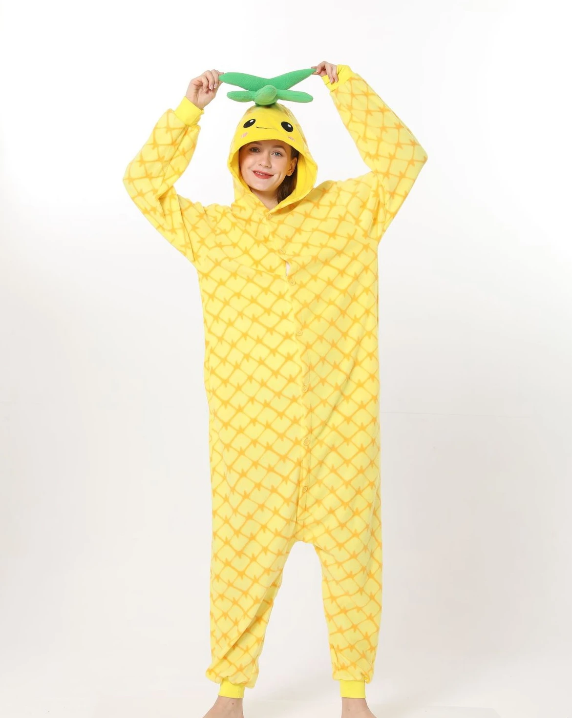 Kigurumi Yellow Pineapple Onesies Pajamas Unisex Adult Pajamas Halloween Cosplay Costume Cartoon Onesie Sleepwear Jumpsuit