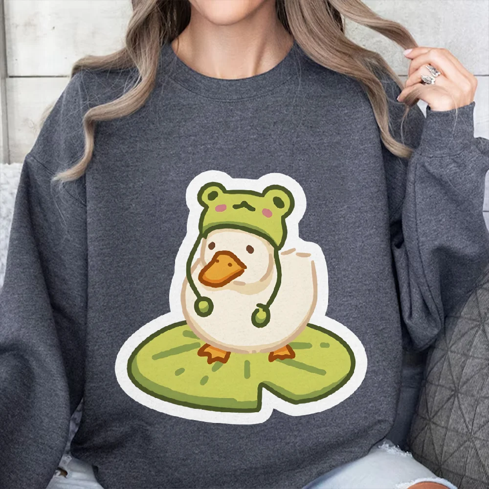 

Y2k Graphic Sweatshirt Cute Duck in Frog Hat on Lily Pad Print Soft Fabric Sweatshirt Animal Inspired Casual Attire Fun Clothes