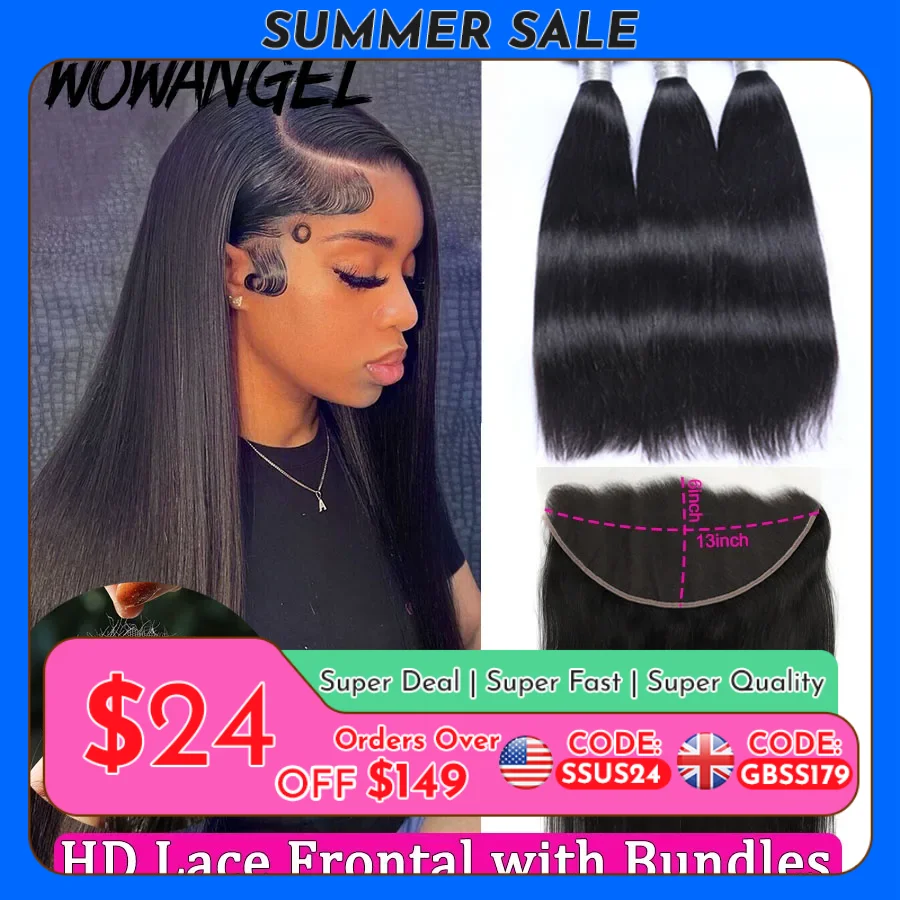 Wowangel 13x6 HD Lace Frontal with Bundles Human Hair 5x5 HD Lace Closure Melt Skins Brazilian Straight Hair Extension for Women