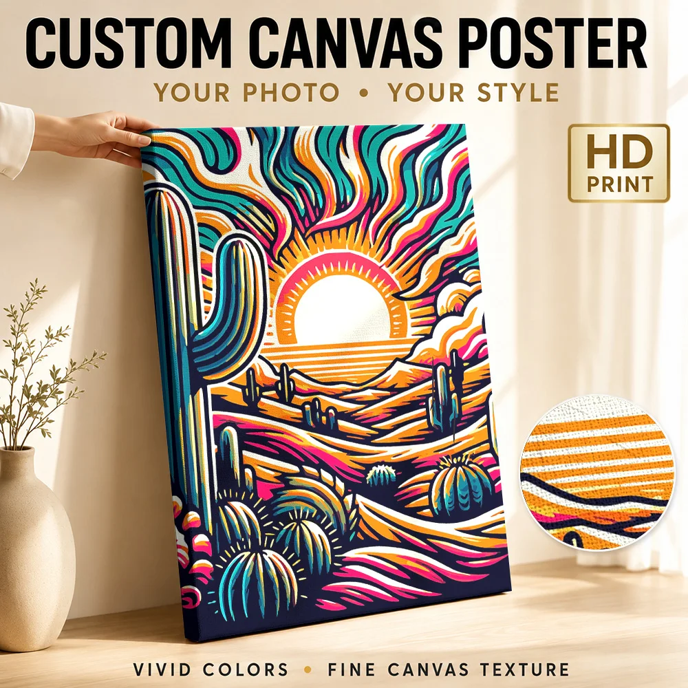 Cactus Desert Beneath Radiant Sunset Framed Canvas Print Personalized Photo Surreal Color Illustration Wall Art For Guest Room