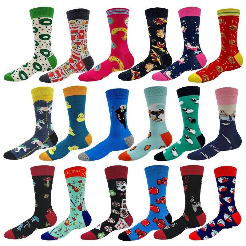 1pcs Men Socks Funny Soft Business Casual Happy Classic Hamburg Duck Mianyang Mushroom Guitar Sieve Cartoon Printing Sock