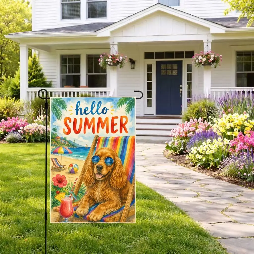 Cocker Spaniel Garden Flag Summer Beach Dog Decor Watercolor Coastal Outdoor Yard Flag Linen Double Sided 12 x 18 Inch Cute  yyi