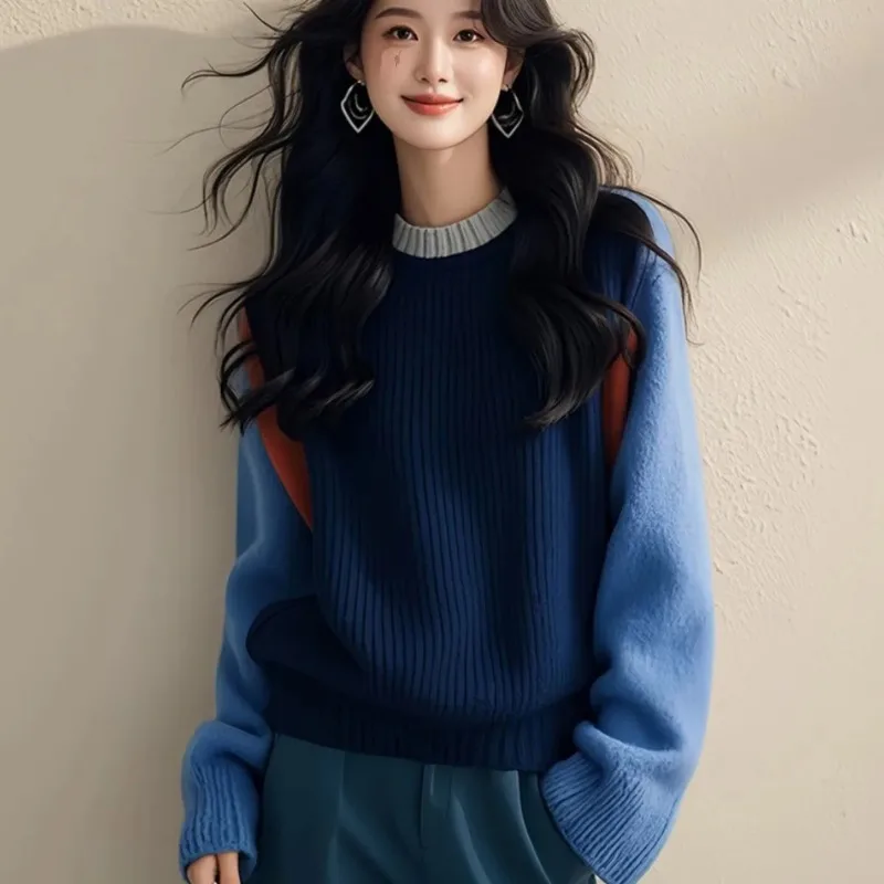 

Темно-синий утолщенный вязаный свитер контрастного цвета, женский осенне-зимний пуловер с круглым вырезом и длинными рукавами, топ