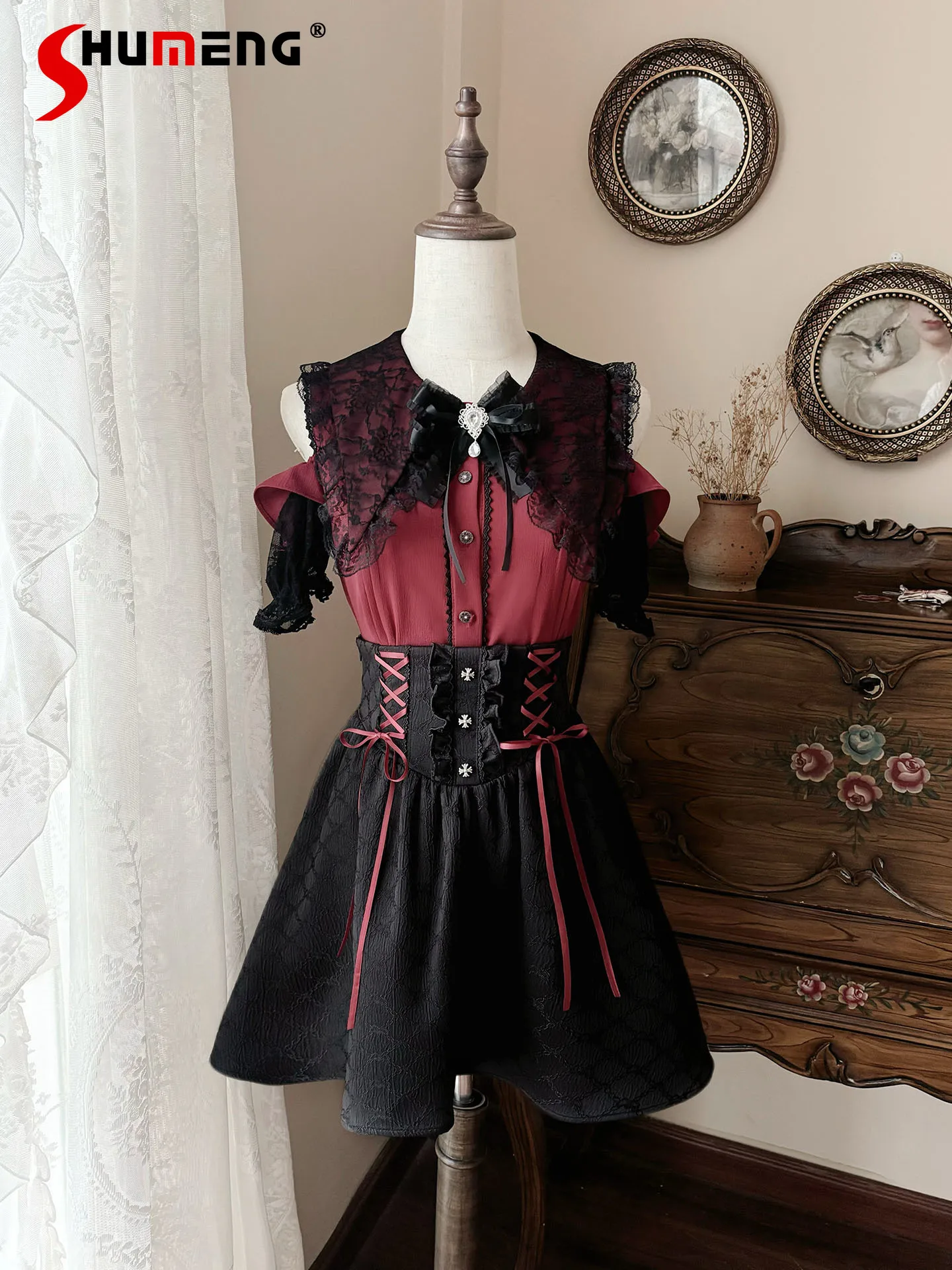 

Japanese Mine Style Mass-Produced Subculture Off-Shoulder Short Sleeve Shirt High Waist Lace-up A-line Skirt Two-Piece Set Women