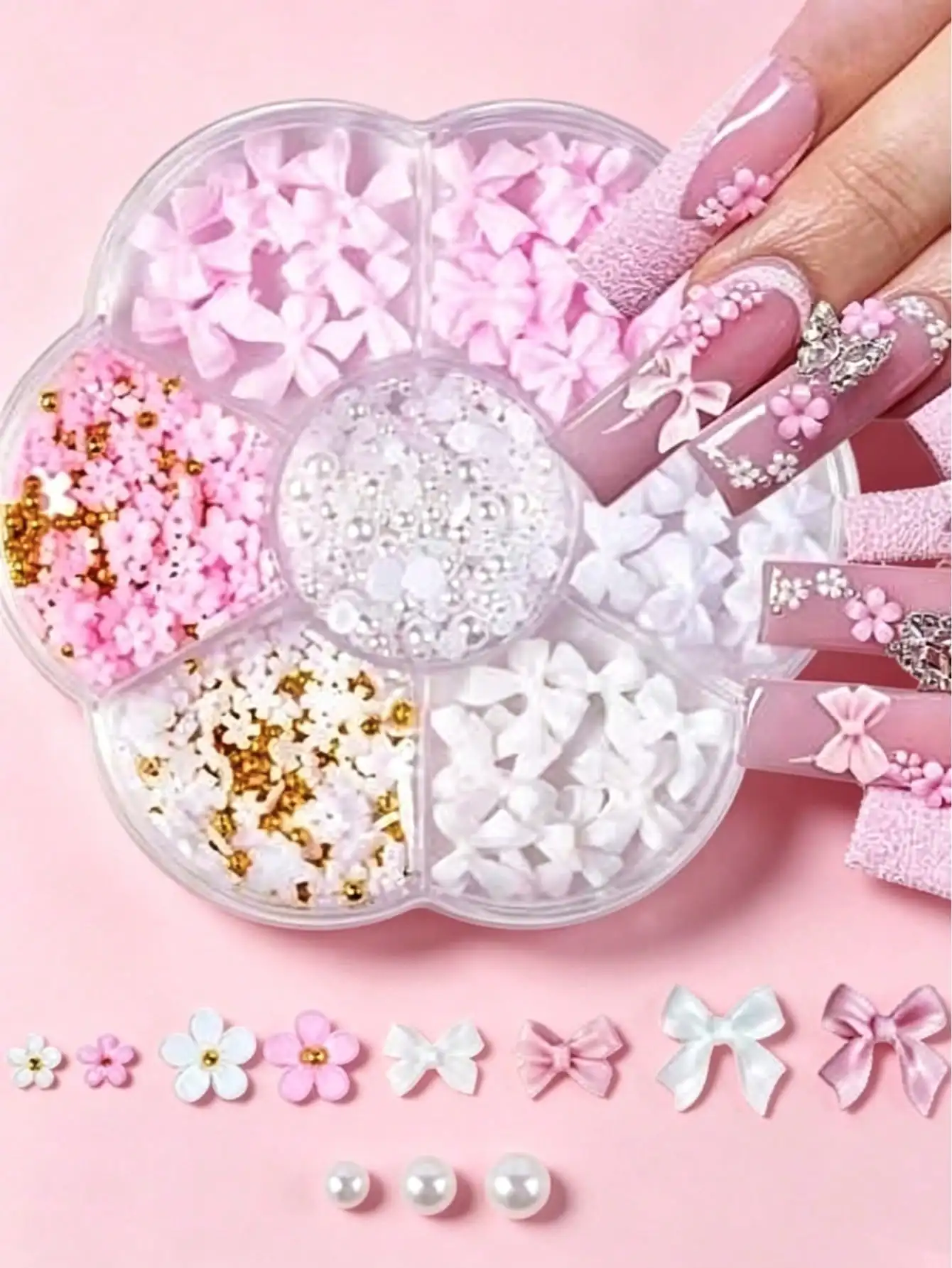

3D Flower Bow Nail Charms Kit, Pink & White Nail Art Decorations With Half Pearls, Cute Acrylic Flower Gems Manicure Set For Diy Crafts Nail Supplies Nails