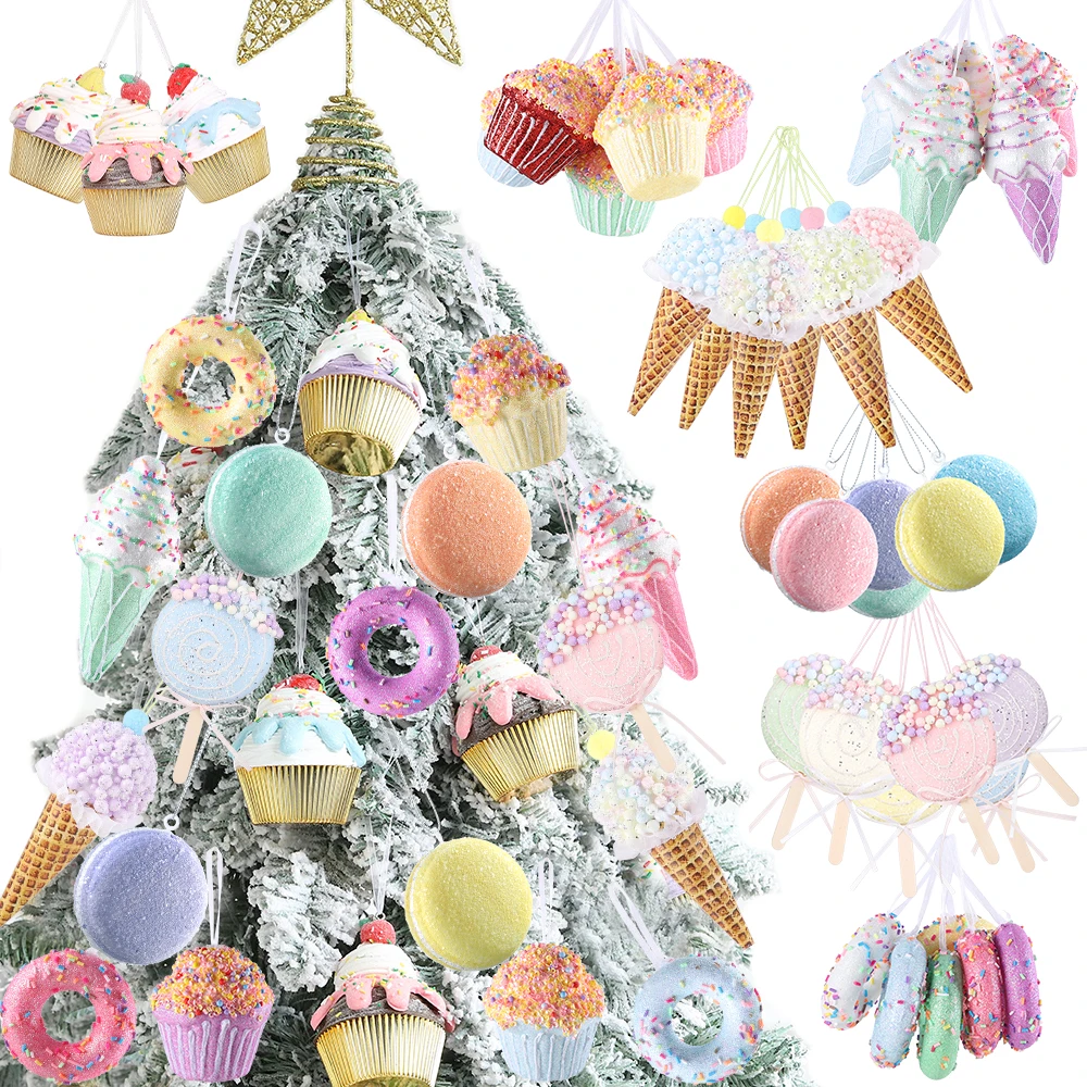 1Set Macaroon Ice Cream Cake Cones Candy Donuts Biscuit Christmas Decoration Cute Xmas Tree Ornament New Year Gift Navidad Natal