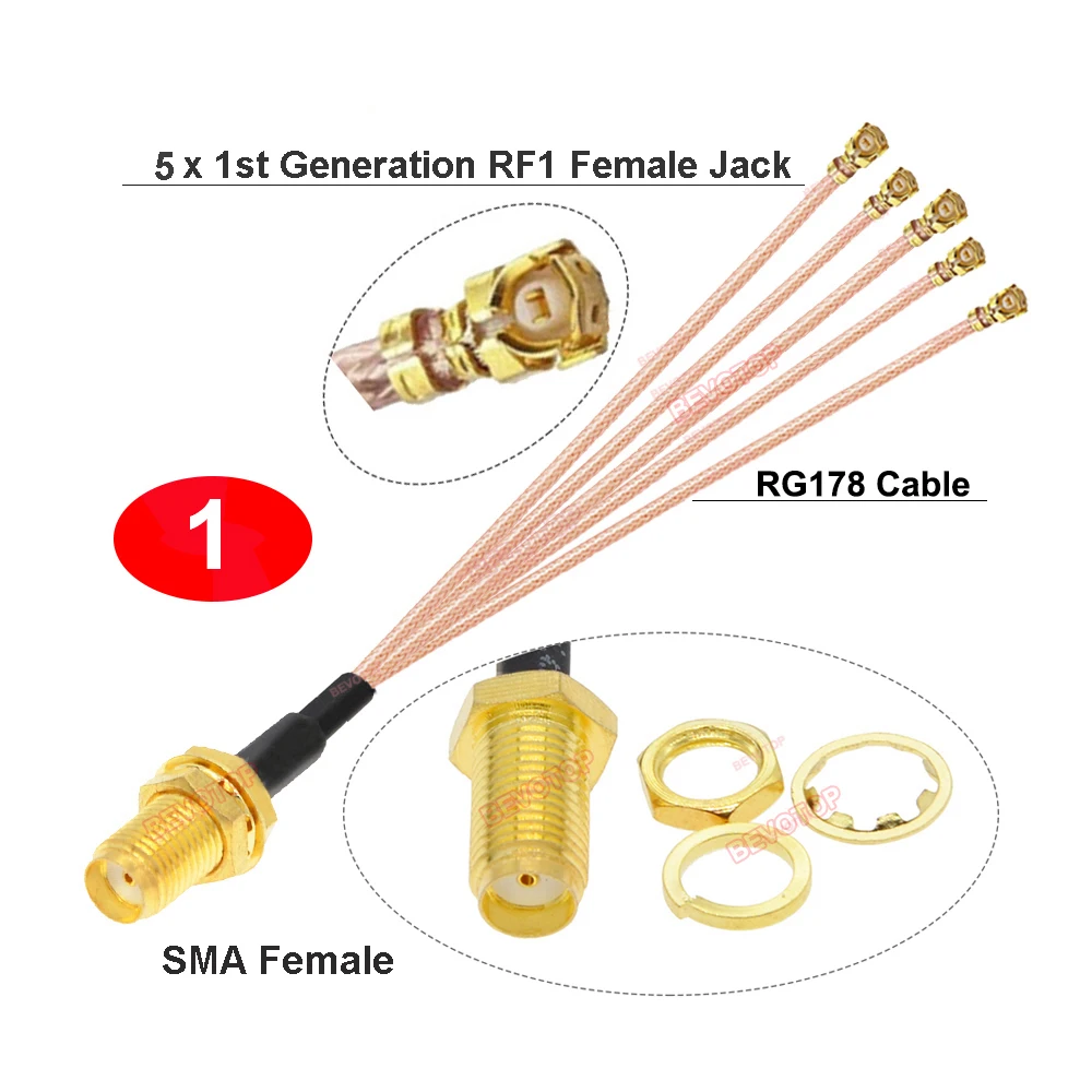 1PCS SMA to  Splitter RP-SMA / SMA Female to 5 x U.fl 1 Female1 RG178/ RF1.13 Cable WIFI Antenna Extension Jumper Pigtail