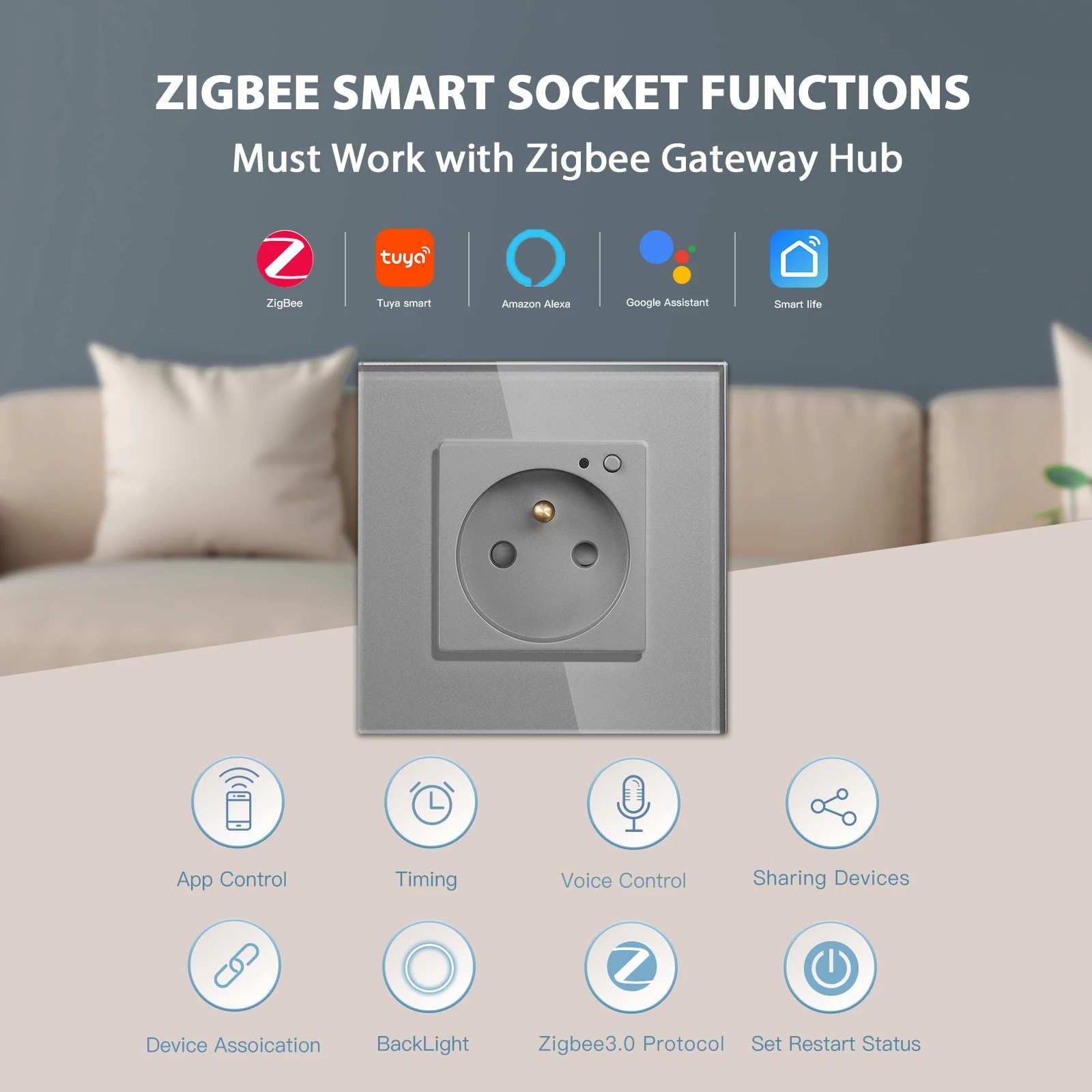 BSEED ZigBee French Socket Wall Single Socket Crystal Glass Panel Support Google Tuya Smart Life App Power Monitor Smart Socket