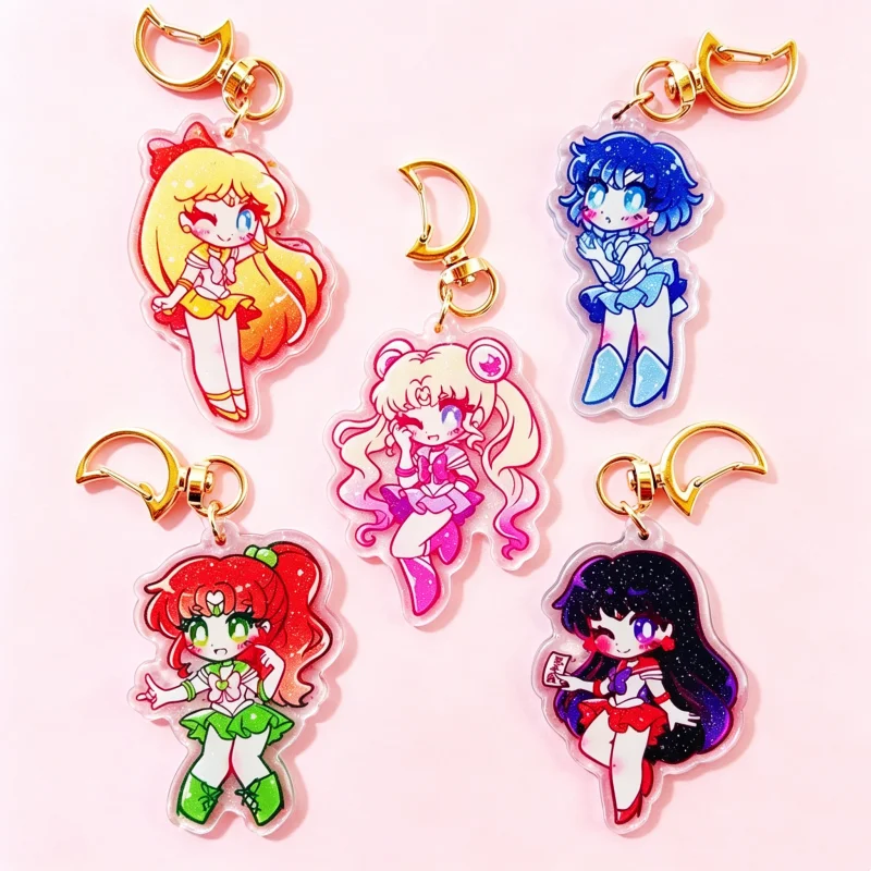 Cute Sailor Moon Inner Scouts Acrylic Charms Keychain, Q Version Tsukino Usagi Ami Rei Makoto Minako Bag Charm, Anime Gift