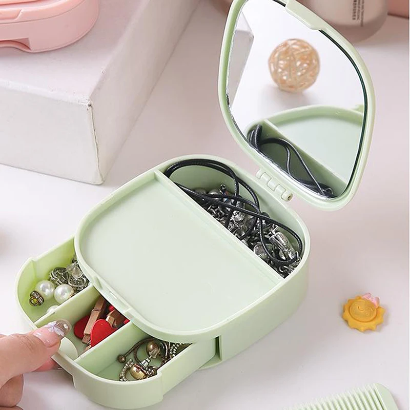 Hair Clips Storage Box With Makeup Mirror And Comb Desktop Folding Dormitory Princess Desktop Dressing Student Portable Mirror