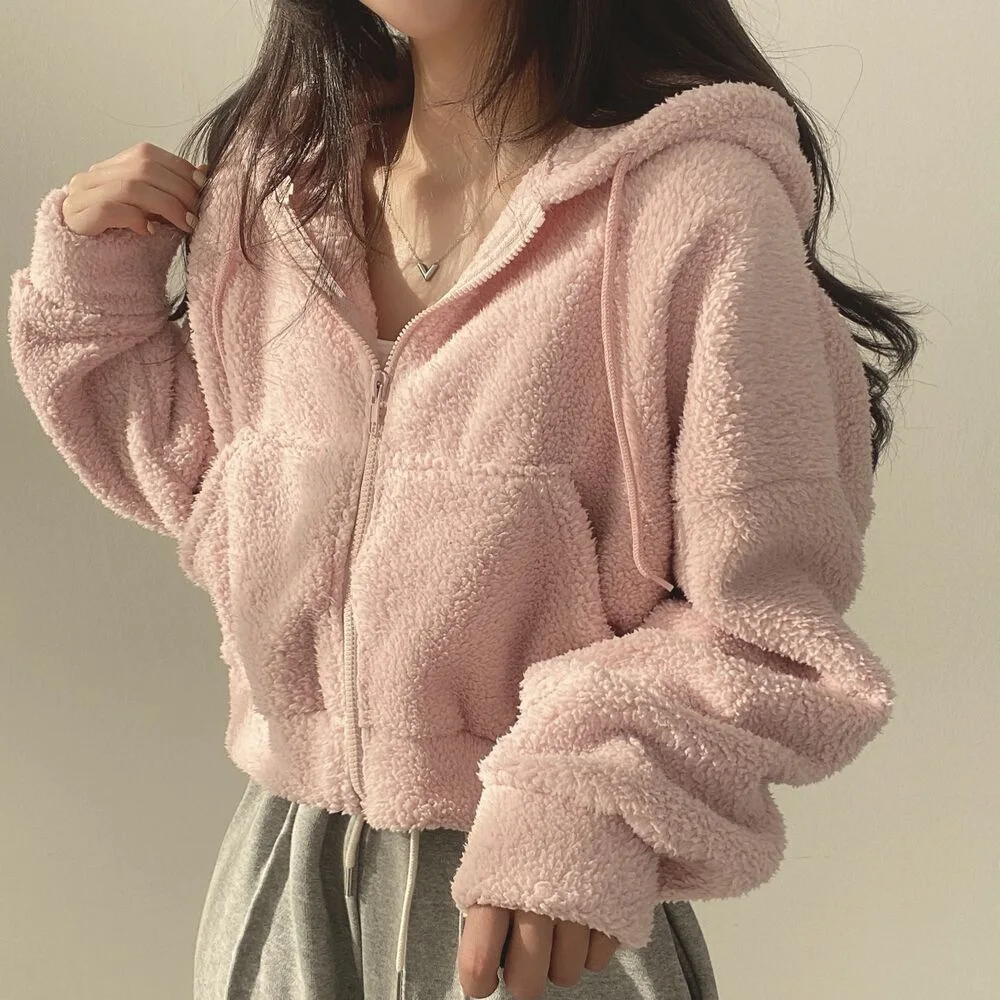 Felpa in velluto di agnello da donna 2025 Giacca pelosa calda ispessita autunno inverno Giacca corta con cappuccio con cerniera per donna