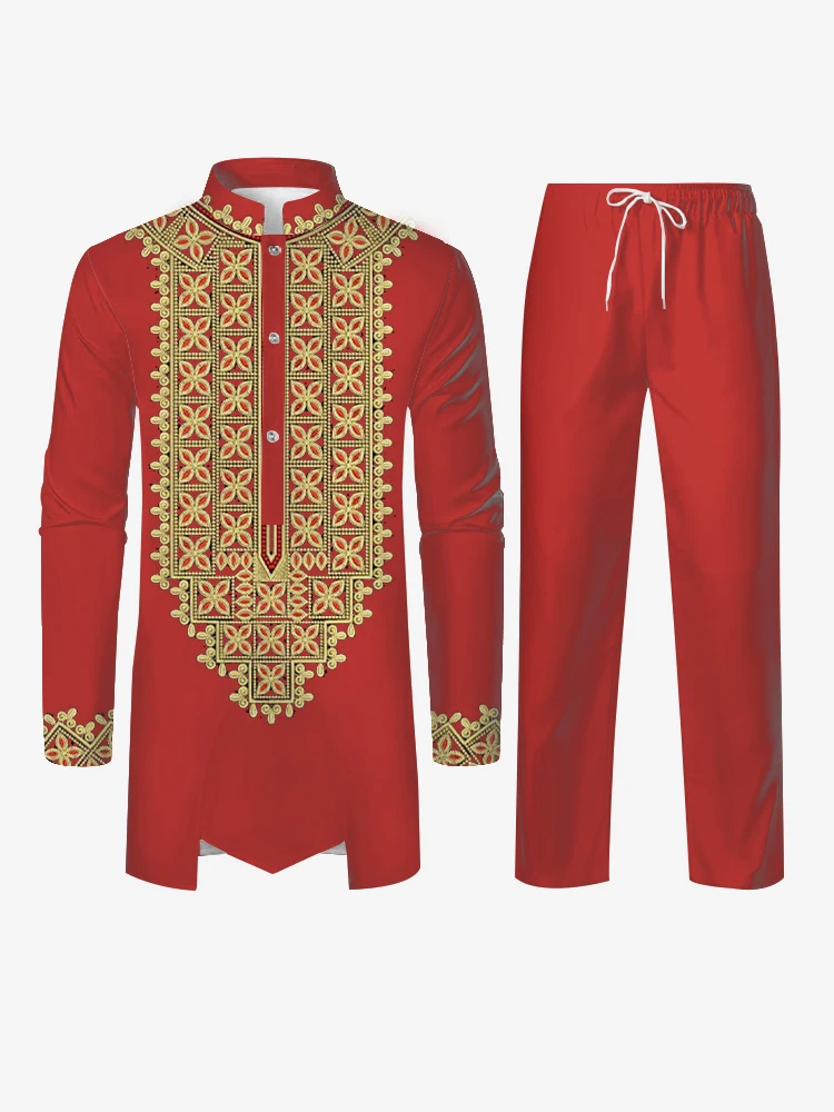 New Muslim Robe 2-piece Set and African Suit Men's Long Sleeve Pants Classic Unique Color Printed Luxury Combination in Khaki