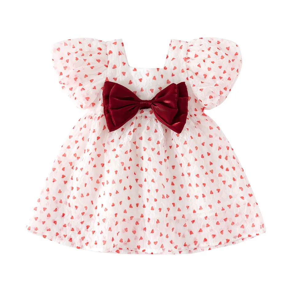 

Trendy Summer Dress for Baby Girls Lovely Bow and Heart Print Dress Children Short-Sleeved Elegant Casual Cothes for Little Kids