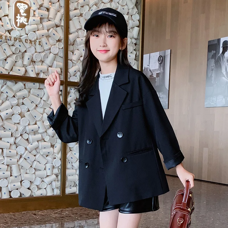 Kids Girls Jacket Spring Autumn Fashion Korean Long Sleeve Black Suit Jackets for Girls Teenager Button Blazer Cardigan Jackets