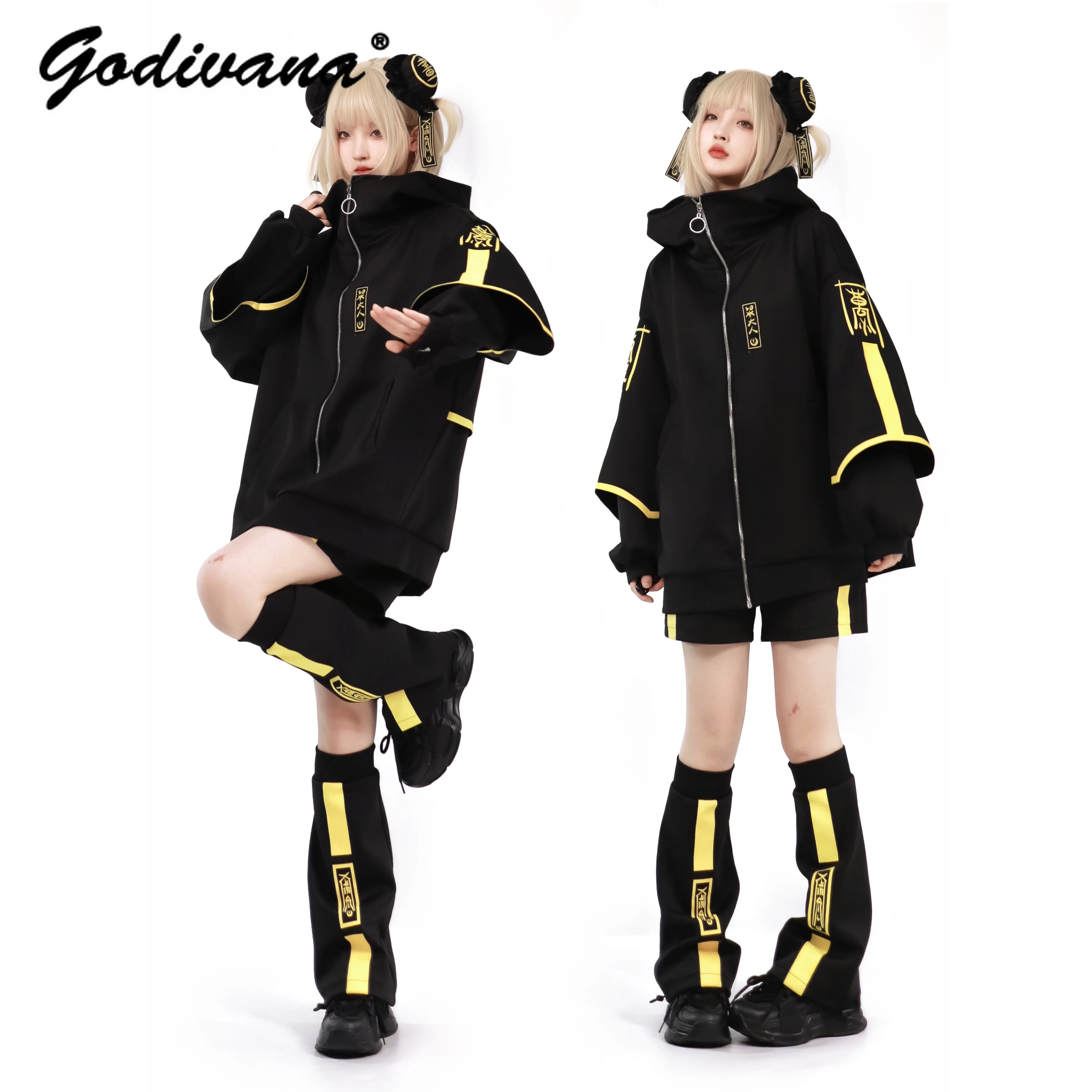 New Autumn and Winter Luminous Clothing Set Cool Girls Long Sleeve Zipper Jacket Casual Shorts High Street Long Pants Foot Socks