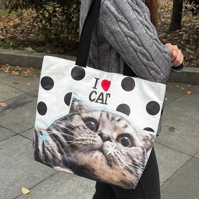 

Y2k Cute Cat Print Shoulder Bag Fashion Polka Dots Large Capacity Tote Bag Cartoon Print Lightweight Waterproof Shopping Bag