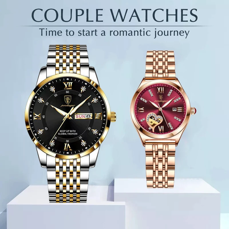 Poedagar Watch Sets for Her and Him Top Brand Luxury Waterproof Stainless Steel Women Men Couple Items for Lovers Reloj Hombre