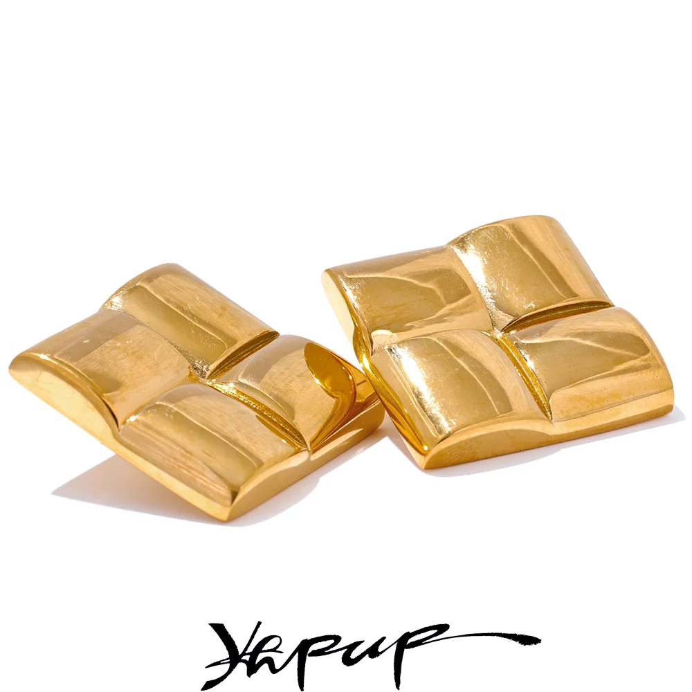Yhpup High Quality Stainless Steel Metal Square Statement Stud Earrings Waterproof Personalized Texture Charm Jewelry for Women