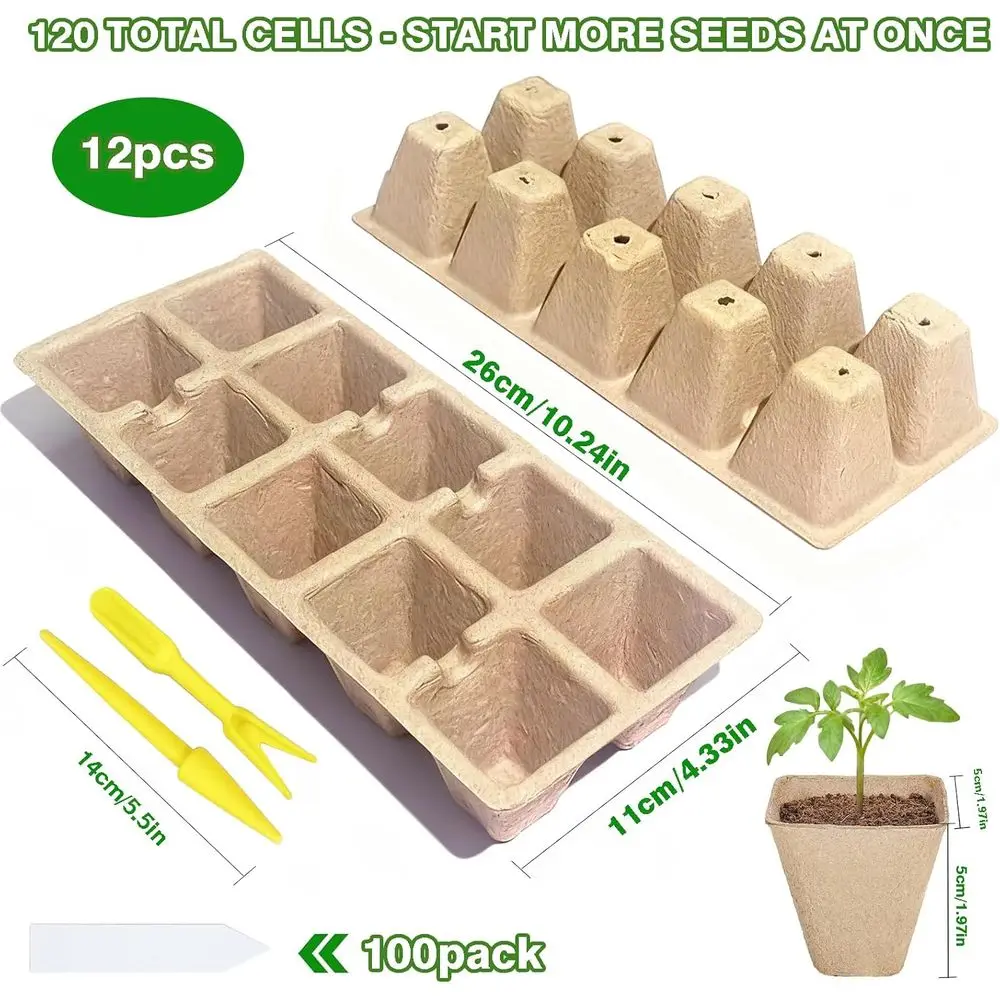 120 Cells Seed Starter Tray, 12 Pack Germination Peat Pots, 100 Labels, Plant Starter Kit