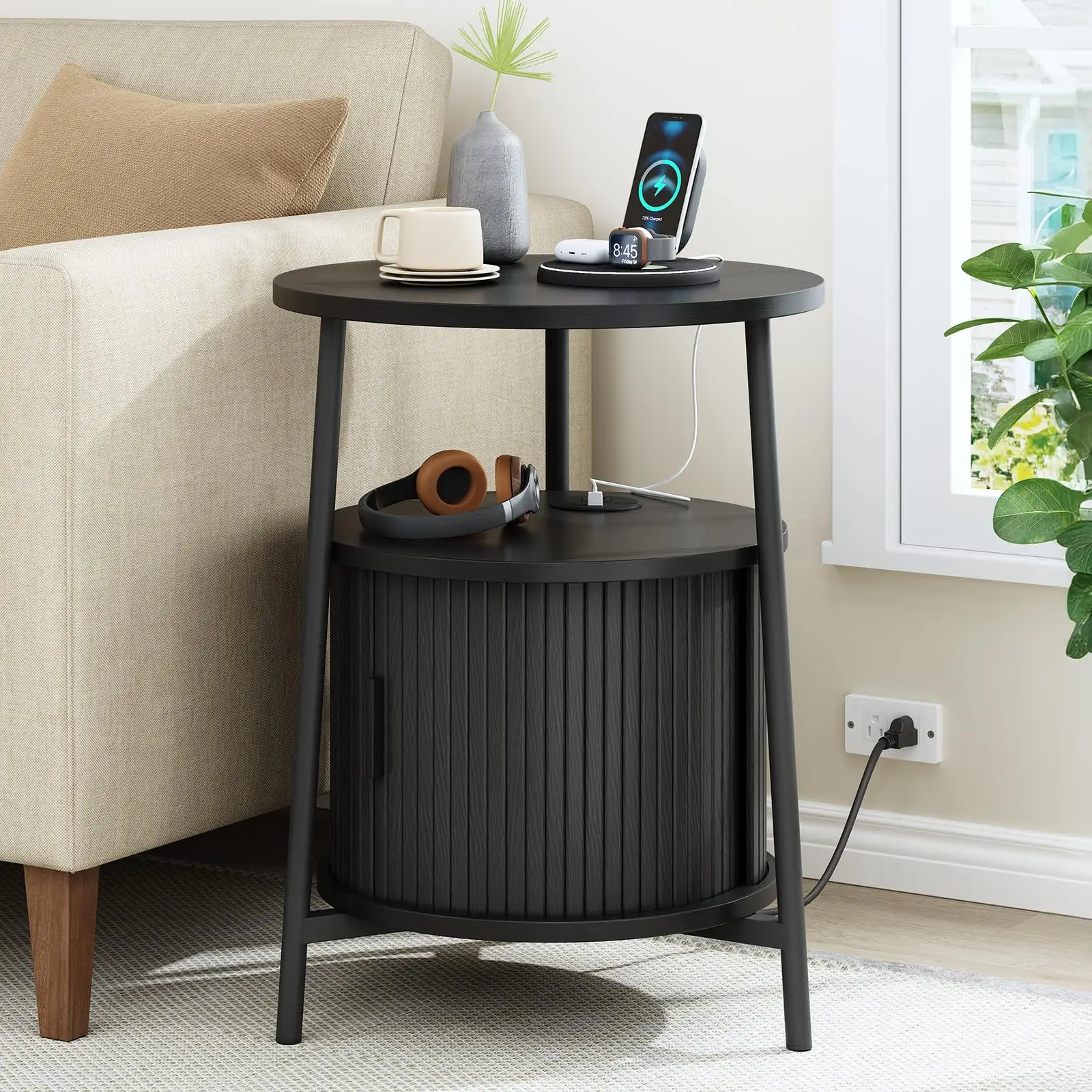 Black Small Round Side Table with Storage, Fluted Nightstand with Charging Station, Modern Bedside Tables, End Tables