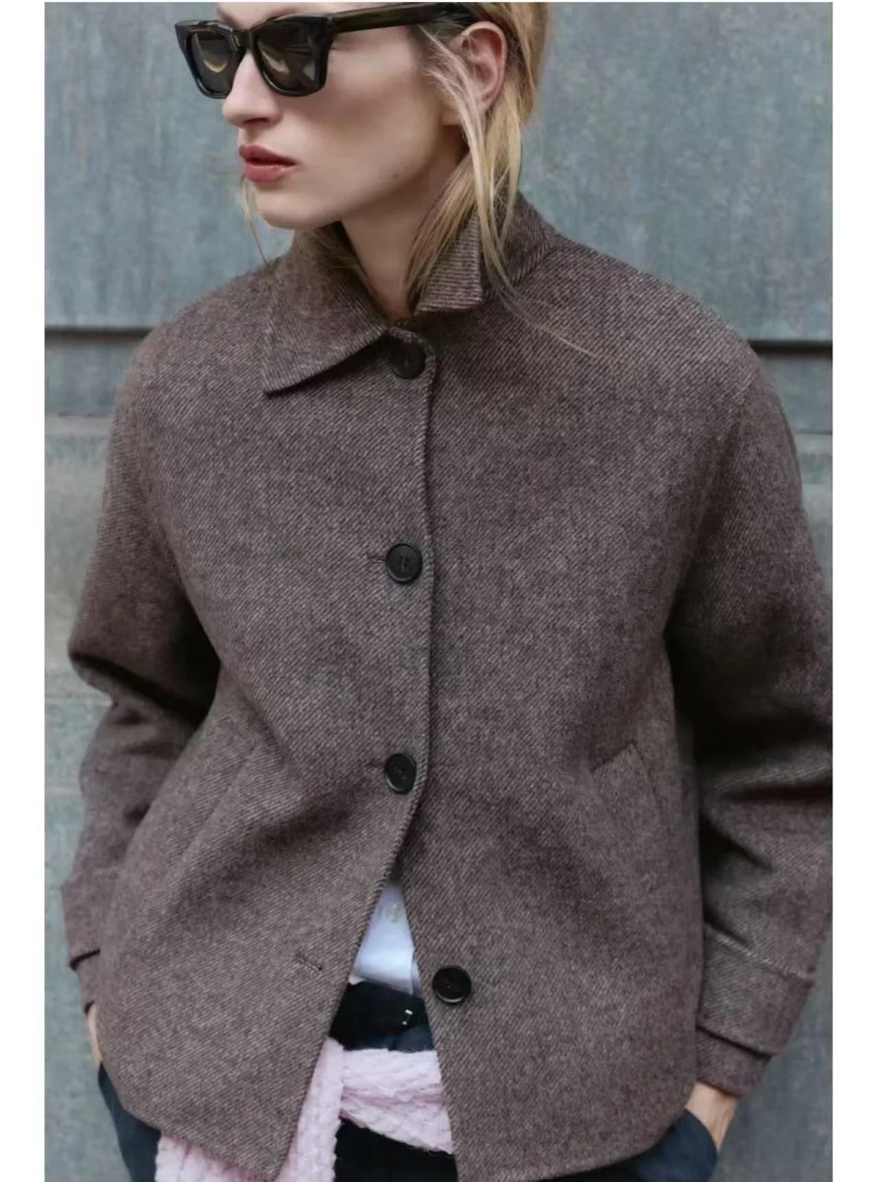 

Fall 2025 Women's ort Jaet Coat Casual Loose Fit Polyester Fiber Button Closure Pure Color Plaid Turn-down Collar Outerwear