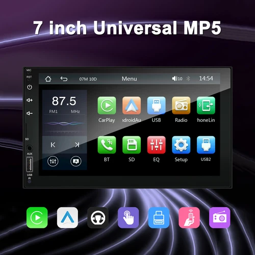 Imagen 1 del producto Reproductor Multimedia Universal para coche, pantalla completamente táctil HD MP5 de 7 pulgadas con CarPlay, Android, Auto, 2Din, BT, FM, TF, entrada, Control de dirección