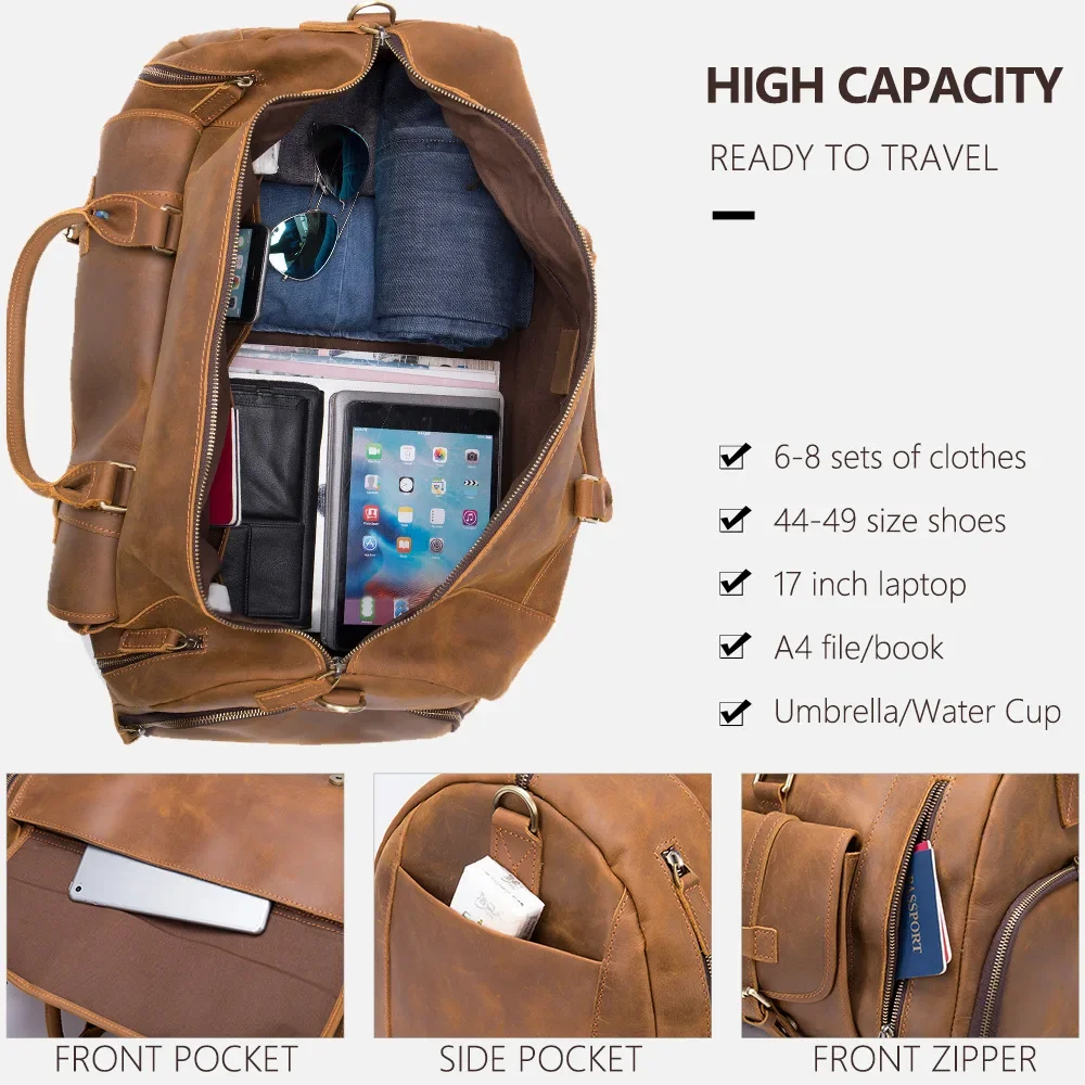 Bolsa de viagem, bolsa de couro masculina de grande capacidade, bolsa de bagagem de viagem de camada superior de couro de cavalo louco grande multifuncional