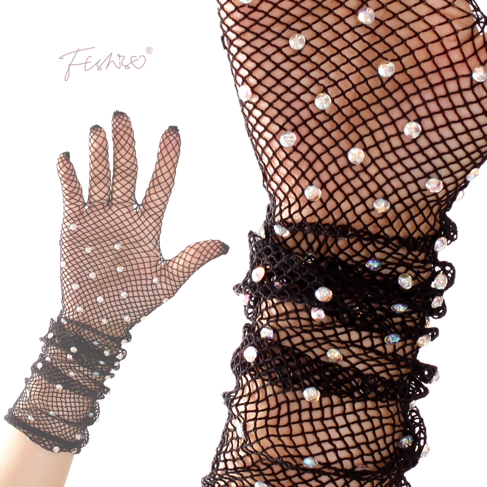 Ftshist Flash Diamond Mesh Long Gloves Sexy Stretch Full Fingers Gloves Black Fishnet Bling Long-Sleeve Stage Party Accessories