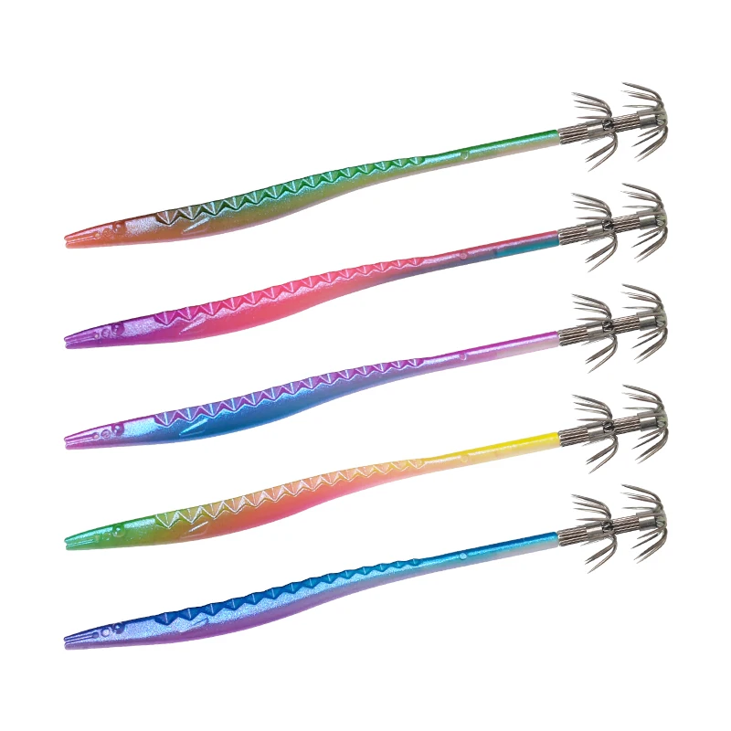 New 5Pcs Luminous Squid Bait Set 11cm UV Horizontal Wood Shrimp Artificial Octopus Egi Lure Squid Jig Hook Cuttlefish Lure