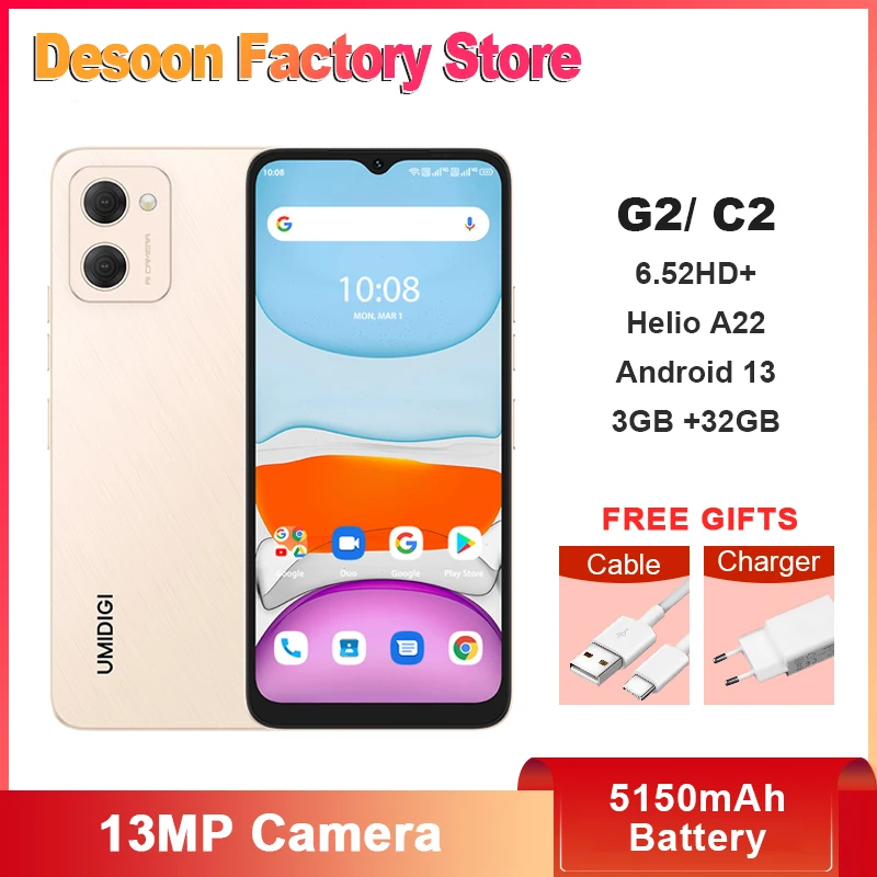 Umidigi-携帯電話g2/c2,グローバルバージョン,スマートフォン,6.52インチHDスクリーン,3Gb RAM,32Gb rom,Android 13 helio a22,13MPカメラ,5150mahバッテリー,デュアルSIM,4g