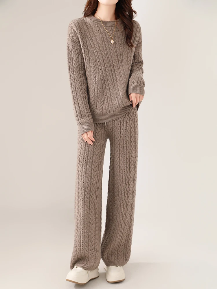 Autumn Winter 100% Wool Suit Women's Pullover Sweater Knitting O-neck Full Body Twist Flower Sweater Knitting Wool Wide Leg Pant