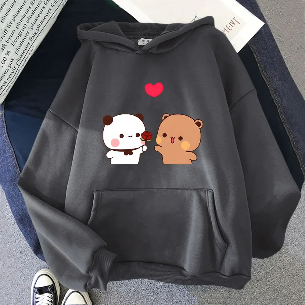 Bubu Is Giving Rose To Dudu Hoodies Kawaii Panda and Bear Sweatshirt with Hooded Fleece Women Clothing Y2k Pullover Kpop Casual