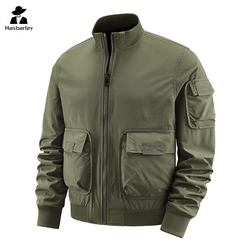 Veste de travail multi-poches coupe-vent pour hommes, manteau de baseball rétro tout match, col montant, décontracté, d'âge moyen, automne