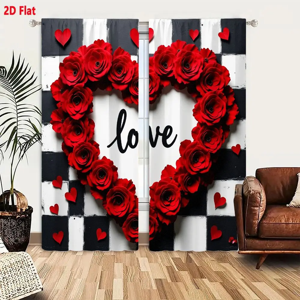 2Pcs Curtains 2D Flat Heart Shaped Wreath Of Red Roses With Love Text On Checkerboard Background Window Drapes for Bedroom Room