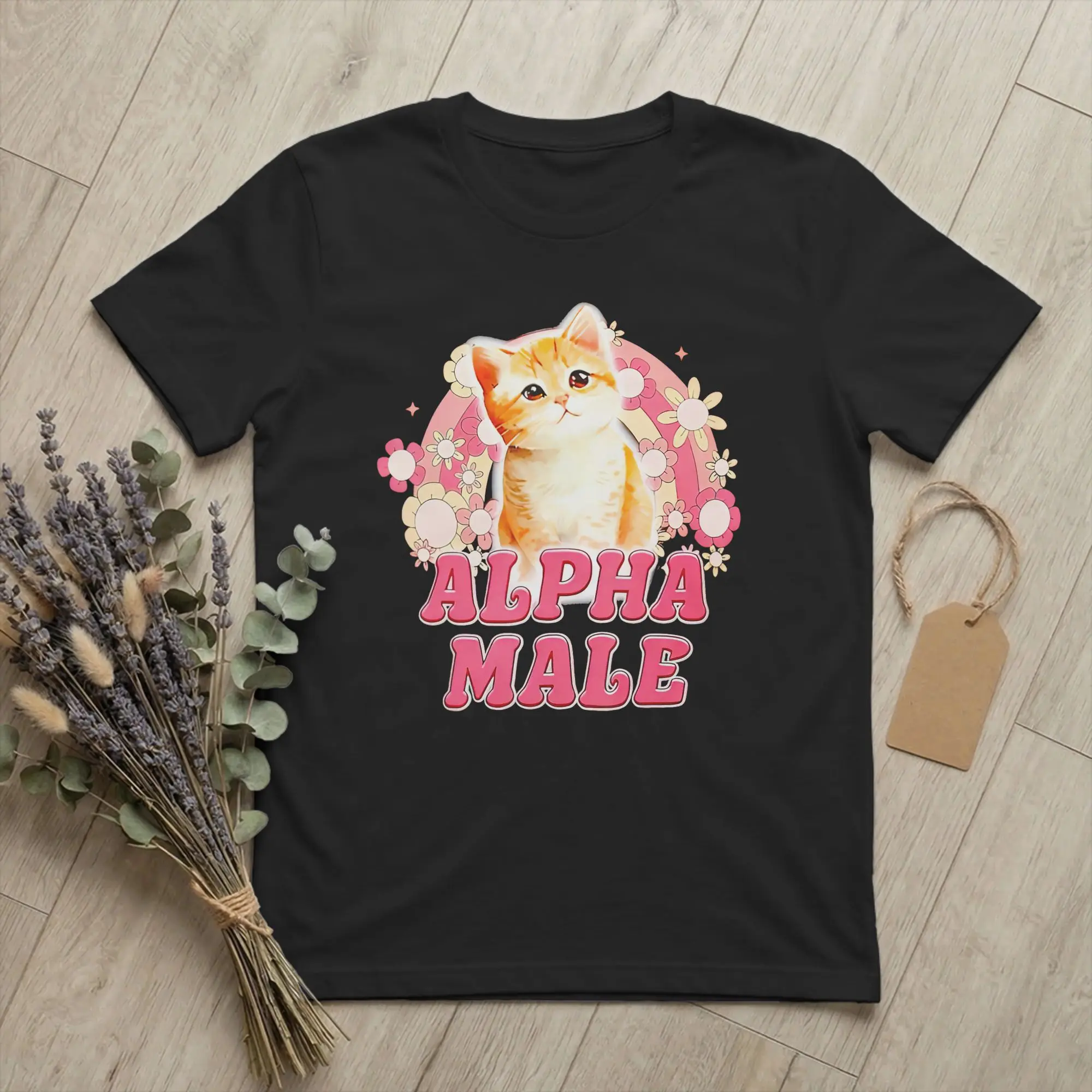 Alpha-Male Cat Funny Kitten T-Shirts Men Rainbow Floral  100% Cotton Tee Shirt Round Neck Short Sleeve T Shirts Gift Idea merch