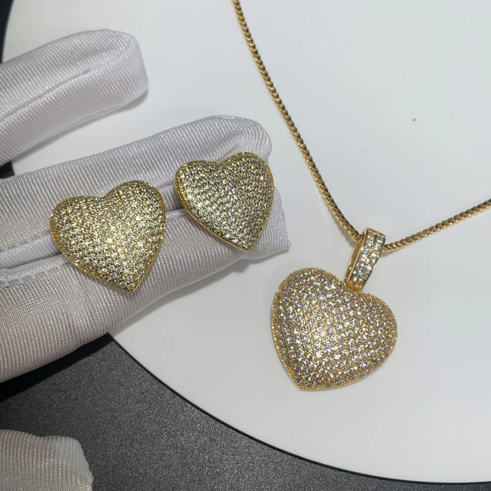 Iced Out Bling 5A CZ Sparking Fashion Women Jewelry Full Micro Paved CZ Puffy Heart Earring Necklace Set