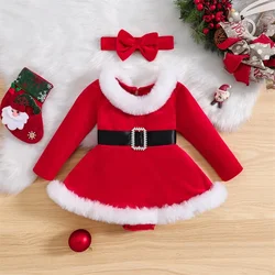 Baby Girls 2Pcs Christmas Bodysuits Outfits Long Sleeve Fur Trim Velvet Romper Dress Headband Set Newborn Winter Xmas Clothes