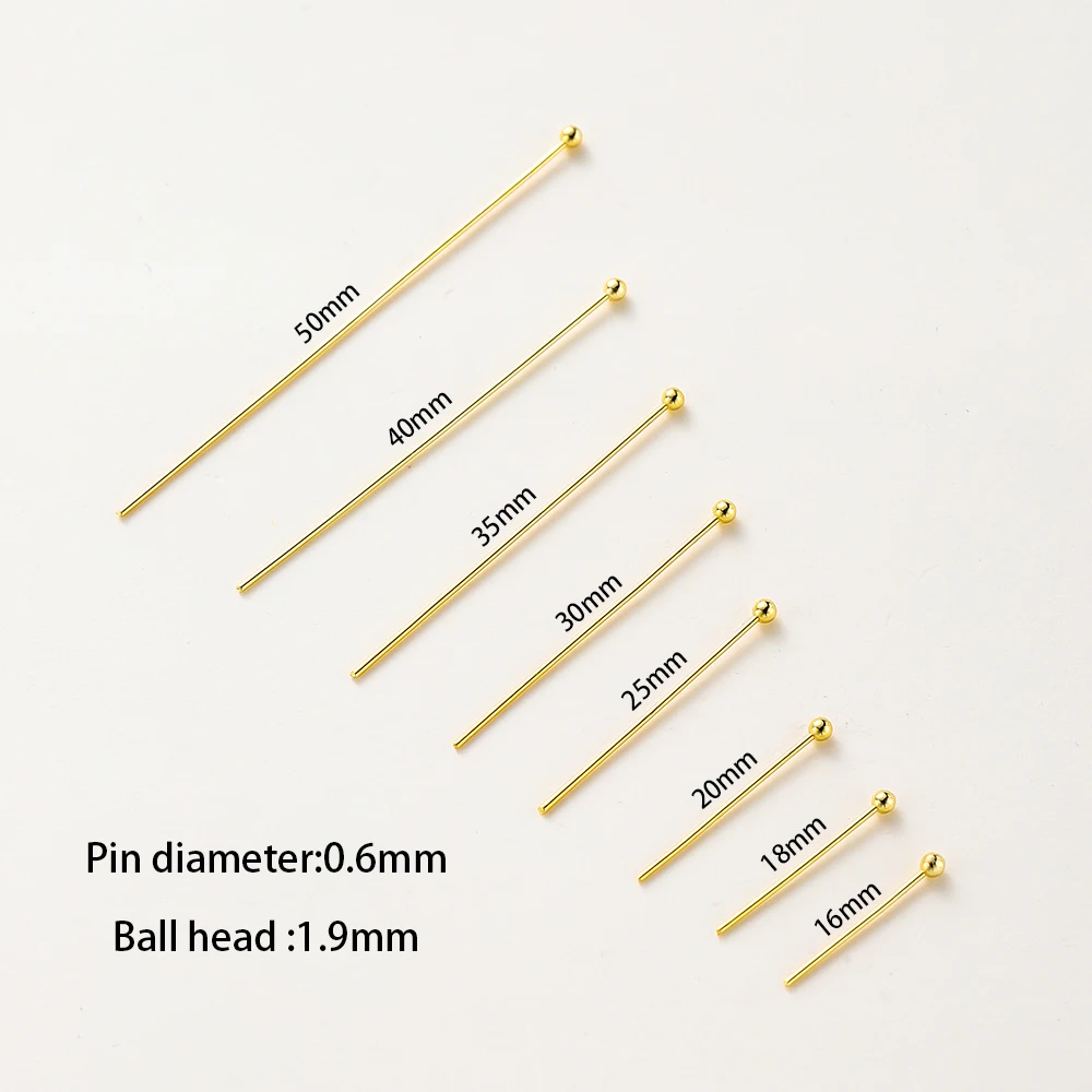 금도금 볼 헤드 핀, 14K 18K, 16-50mm, DIY 주얼리 제작 재료, 황동 금속 플랫 헤드 아이 헤드 핀 용품, 묶음당 100 개