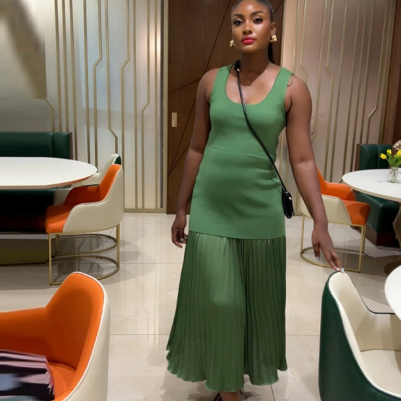 HXAO Knitted Long Dresses Woman 2025 Sleeveless Pleated Green Maxi Dress Summer Patchwork Vest Elegant Dresses For Women