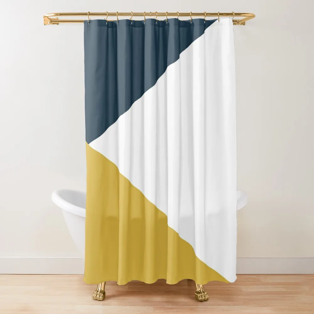 

Angled Color Block in Navy Blue, Light Mustard Yellow, and White Shower Curtain For Bathroom Shower Shower Bath Curtain