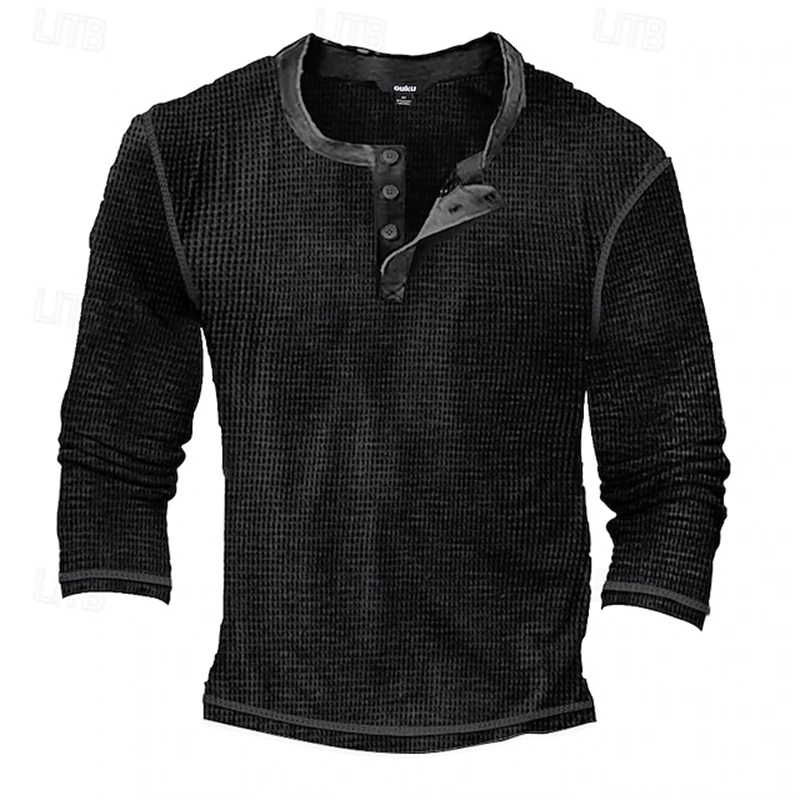 Henry Shirts New Solid-Color Men's Long-Sleeve T-Shirt Men Spring/Fall Style Loose-Fit Breathable Button-Down Collar Long-Sleeve