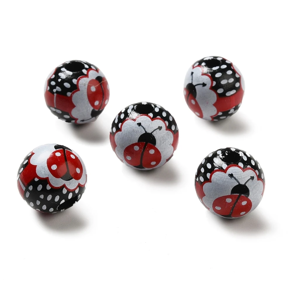 20pcs Printed Wood Round Beads 15.5~16mm Ladybug Love Bug Polka Dot Pattern Natural Wooden Beads for jewelry making DIY Decor