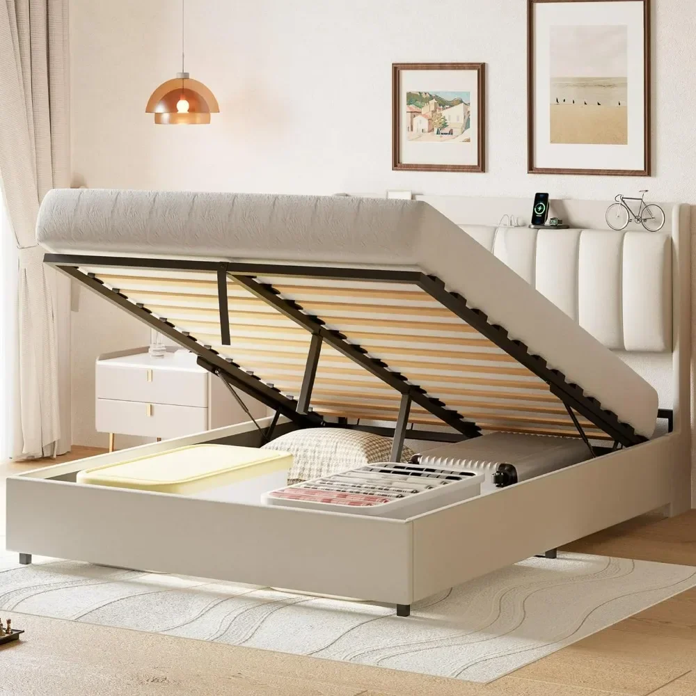 Gas Lift Up Storage Bed with Power Outlets, Wooden Slat Support/No Box Spring Needed,White Beds