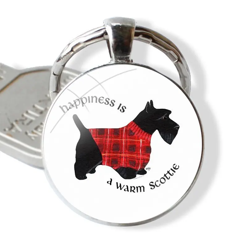 Black and White Scottish Terrier Dog Keychain Handmade Glass Cabochon Key Ring Holder Pendant Key Chains